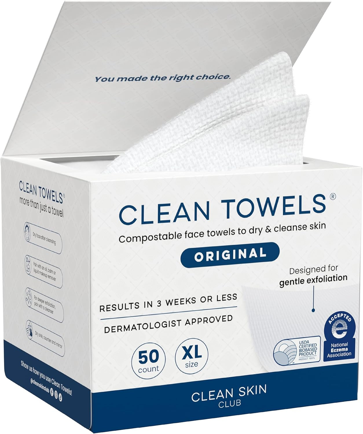 Clean Skin Club Clean Towels XL, 100% USDA Biobased Face Towel, Disposable Face Towelette, Makeup... | Amazon (UK)