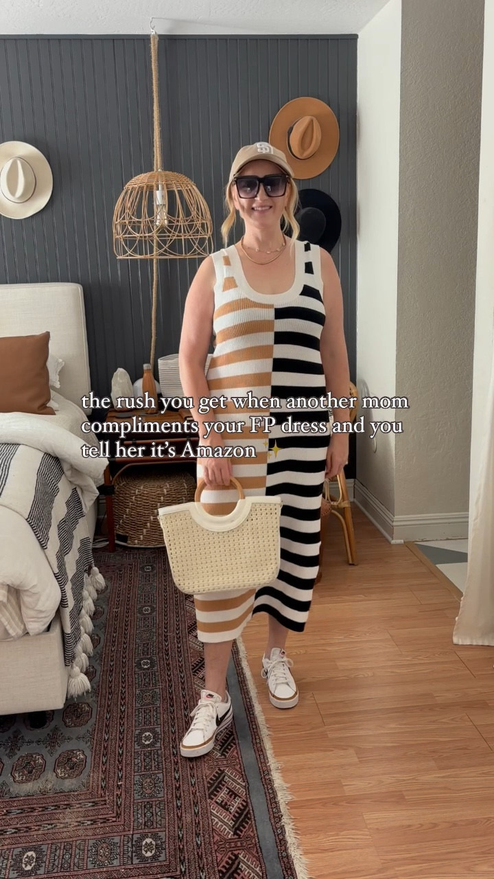 Styling this Free People inspired dress casually today with Nike sneakers and a baseball hat 🧡 Fit is TTS, wearing L. Comes in tons of fun colors, I had a hard time choosing! 

Free people look for less, knit dress, striped dress, casual dress, elevated casual, sporty look, church dress, free people style, Amazon find, Amazon fashion, affordable dress 

#LTKFindsUnder100 #LTKFindsUnder50 #LTKStyleTip