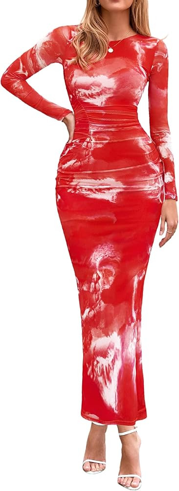 PRETTYGARDEN Wedding Guest Dresses for Women Spring Long Sleeve Ruched Bodycon Floral Mesh Cockta... | Amazon (US)