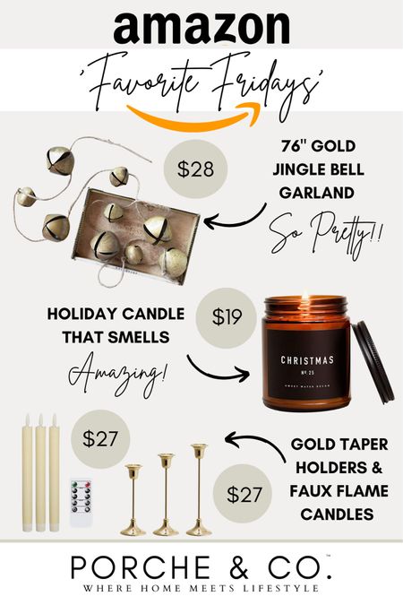 Amazon Holiday & Christmas decor finds for your home 🌲 Bell garland, yummy smelling candle and brass taper candle holders with faux flame candles 🤍 #amazon #christmas #amazonfind #christmasdecor

#LTKhome #LTKHoliday #LTKSeasonal