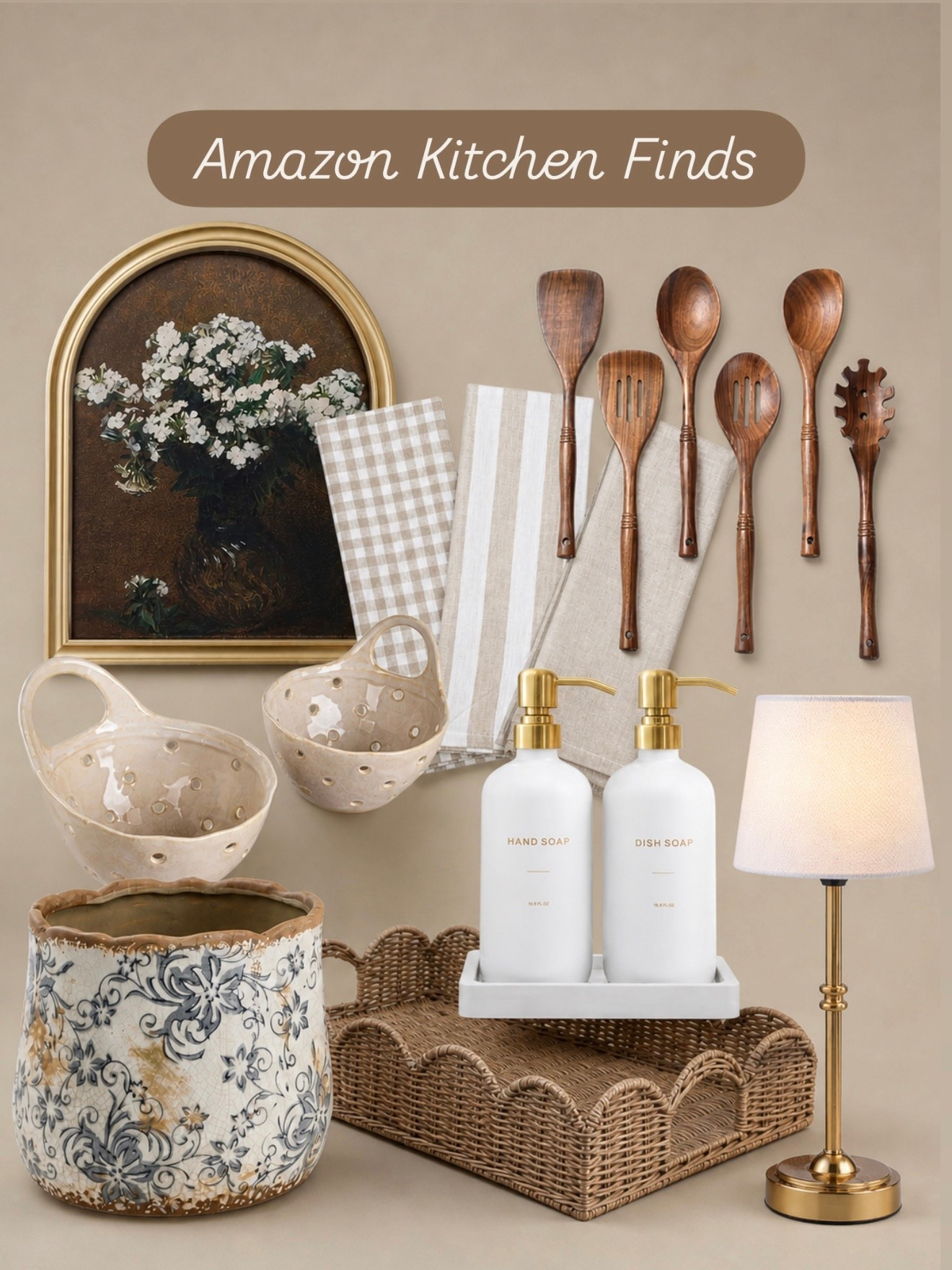 Neutral Amazon Kitchen Finds  Follow @farmtotablecreations on Instagram for more cozy home finds and styling inspiration.

From warm wood utensils to scalloped wicker trays and soft neutral linens… these kitchen finds bring that elevated cottage-inspired look without feeling overdone. The vintage floral artwork paired with the brass cordless lamp adds such a cozy designer touch, while the ceramic berry baskets are both functional + beautiful for everyday styling. Perfect pieces for adding warmth and texture to countertops, coffee bars, and open shelving.

#amazonhome #kitchenfinds #kitchendecor #countertopdecor #neutralhome

amazon kitchen decor | neutral kitchen finds | wooden utensils | cordless lamp | wicker tray | berry basket | floral wall art | cottage kitchen | european inspired decor | scalloped tray | neutral decor | kitchen styling | coffee bar decor | beige kitchen accents | brass lamp | cozy kitchen ideas | woven tray | kitchen accessories | amazon favorites | vintage inspired decor | countertop styling | decorative kitchen finds | neutral aesthetic | soft organic decor | everyday kitchen styling

#LTKSaleAlert #LTKHome #LTKSeasonal