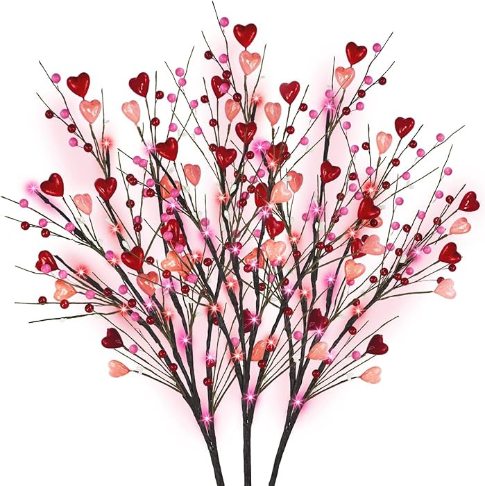 3 Pack Lighted Valentines Day Decorations, 30" Tall Artificial Heart Shaped Berry Picks with 60LE... | Amazon (US)