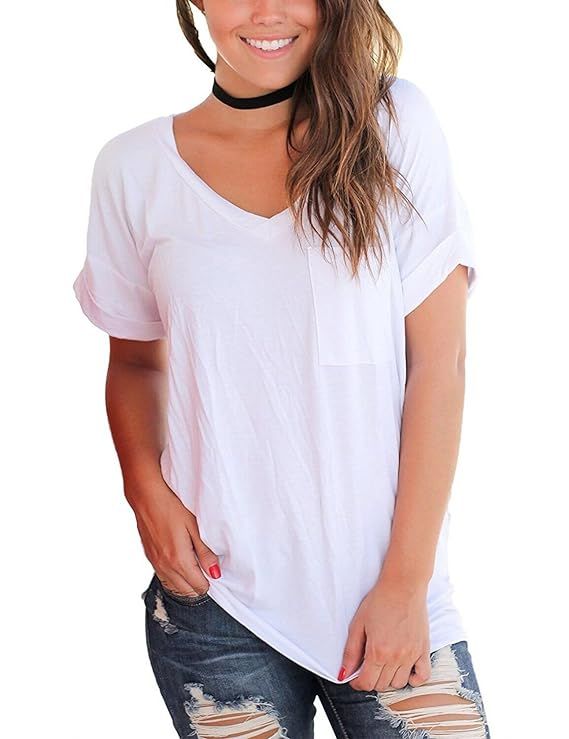 Women’s Short Sleeve V Neck T Shirts Casual Loose Plain Basic Tee Tops Blouse Pocket | Amazon (US)