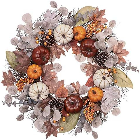 Valery Madelyn 24 inch Fall Pumpkin Wreath, Farmhouse Autumn Wreath with Maple Leaves and Pine Co... | Amazon (US)