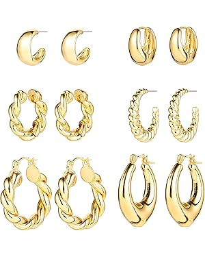 Gold Chunky Hoop Earrings Set for Women, 14K Gold Plated Twisted Huggie Hoop Earring Hypoallergen... | Amazon (US)