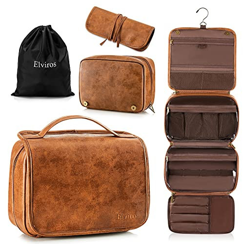 Elviros Toiletry Bag Hanging Travel Organizer for Men and Women, 3 in 1 Multifunctional Large Makeup Cosmetic Case for Toiletries Accessories, Water-resistant PU Leather Bathroom Dopp Kit Shaving Bag | Amazon (US)