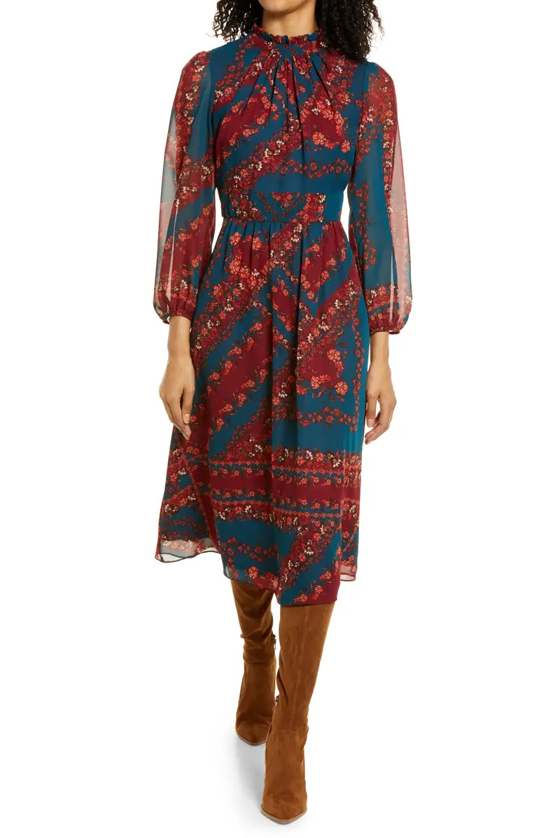 Floral Long Sleeve A-Line Midi Dress | Nordstrom | Nordstrom