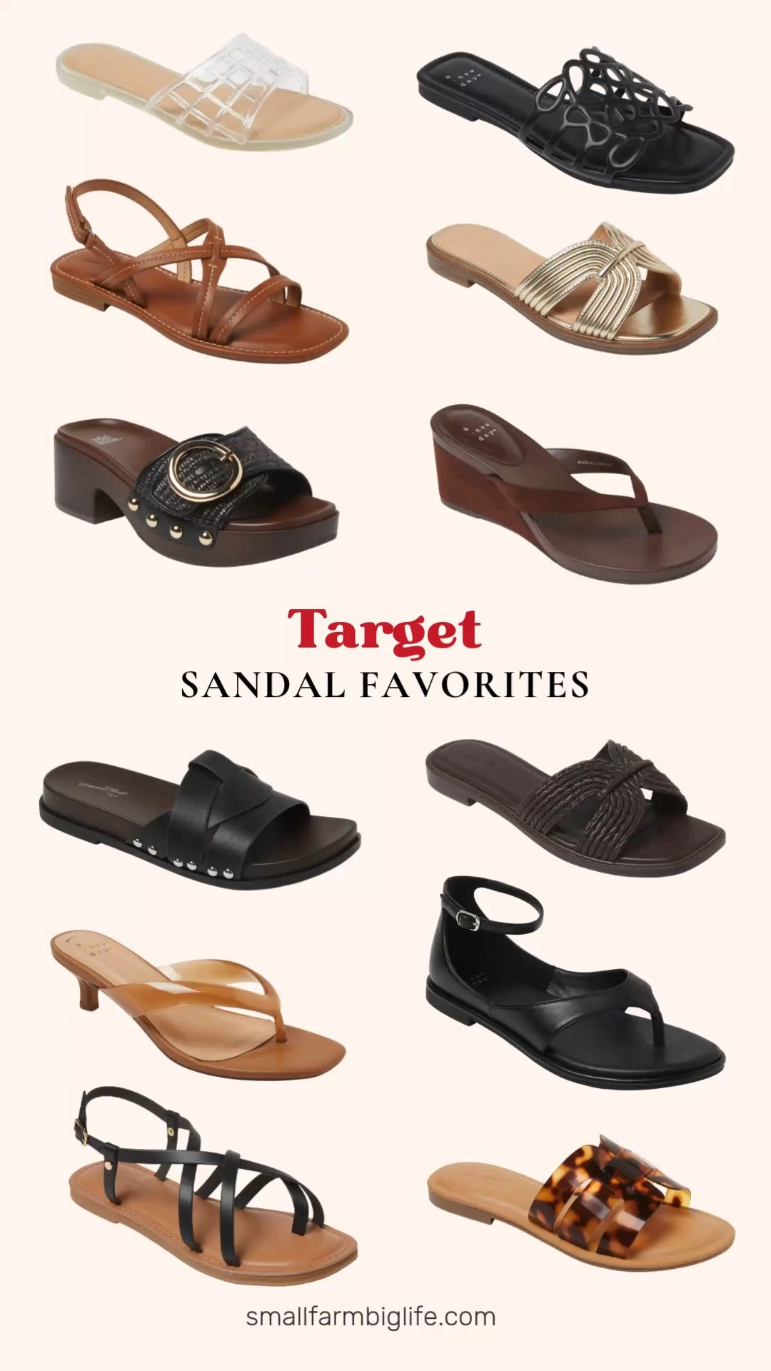 Target sandal season is here and I rounded up all my favorites! From the clear jelly slides and ankle strap sandals in black and cognac to the wood footbed slides and woven rope sandals, there is a style here for every summer outfit. I am also loving the wooden heel clog slides, wedge flip flops, tortoiseshell flat sandals, and the strappy sandals with a memory foam insole for all day comfort. Shop every pair right here on my LTK. 

 #LTKootd #LTKSeasonal #LTKOver40