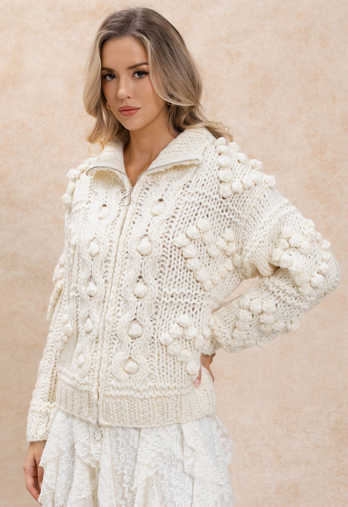 Heart Pom-Pom Double Zipper Hand Knit Cardigan in Cream | Chicwish