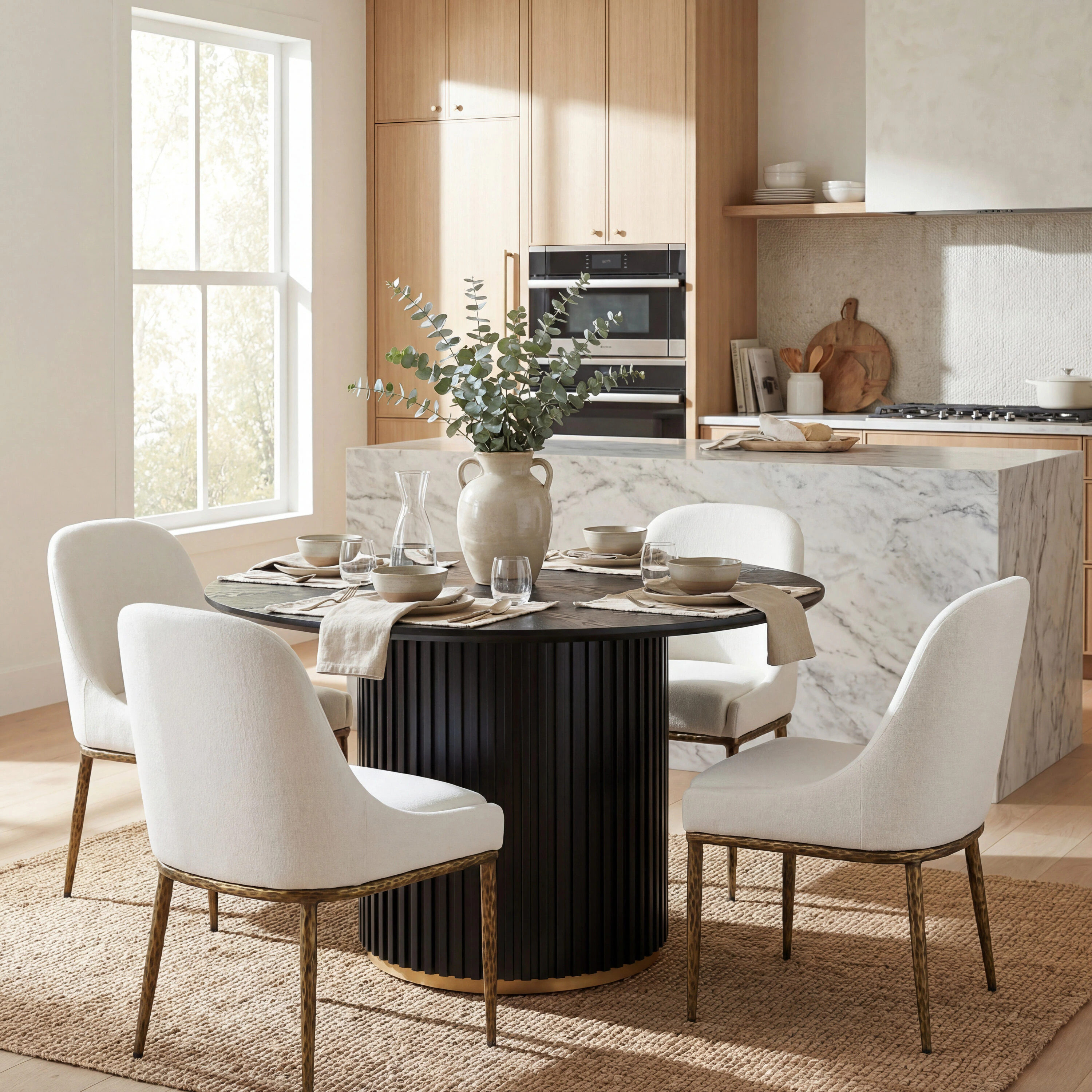 Christopher Knight Home Modern Coastal 5-Piece Dining Set with Metal Brass Leg Upholstered Chairs and 47.25-in Round Pedestal Dining Table | Lowe's