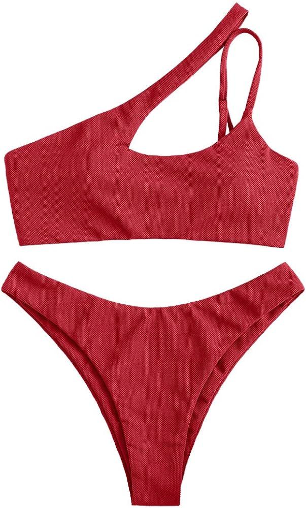 ZAFUL Women's Sexy Cutout One Shoulder Bikini Underwire Padded Bathing Suit Cheeky Thong Brazilian S | Amazon (US)