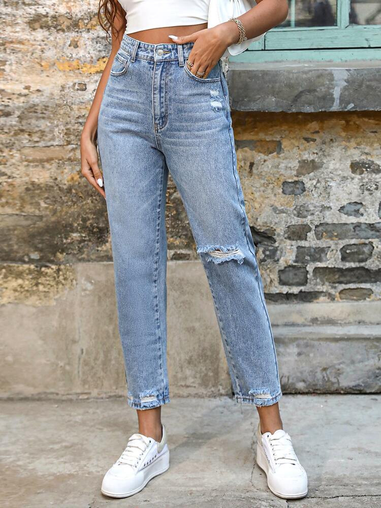 Ripped Frayed Hem Mom Jeans | SHEIN