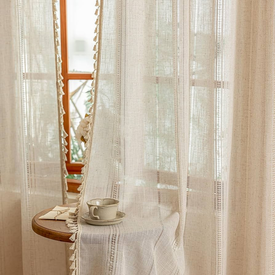 MYSKY HOME Bohemian Linen Sheer Macrame Curtains for Bedroom Living Room, Farmhouse Style Light F... | Amazon (US)