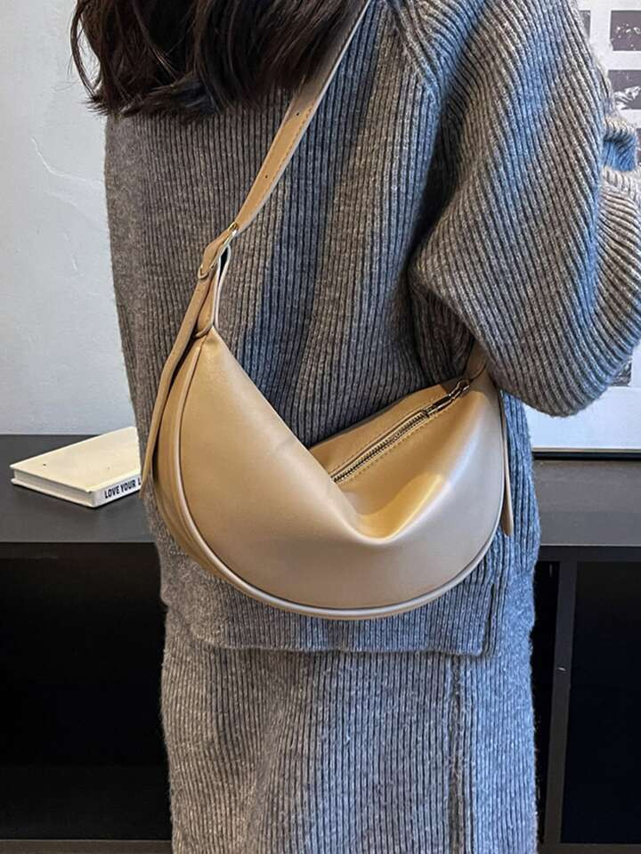 Large Capacity Versatile Fashionable Casual Niche Design Minimalist Solid Color Zipper Shoulder Crossbody Saddle Bag, Commuter Dumpling Bag | SHEIN