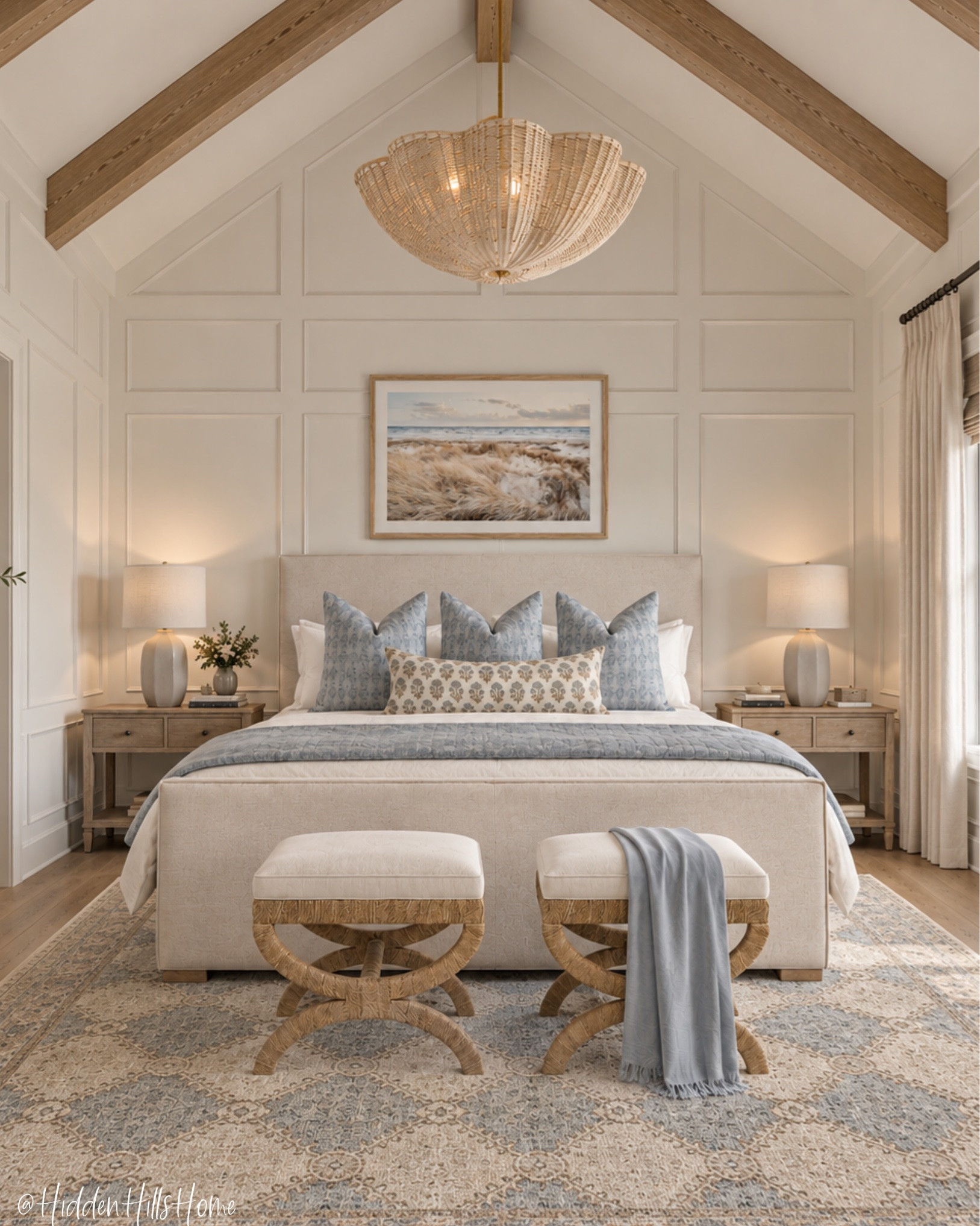 Coastal bedroom decor ideas, bedroom inspiration, cozy home decor, coastal master bedroom design, bedroom mood board, bedding, nightstands #coastal