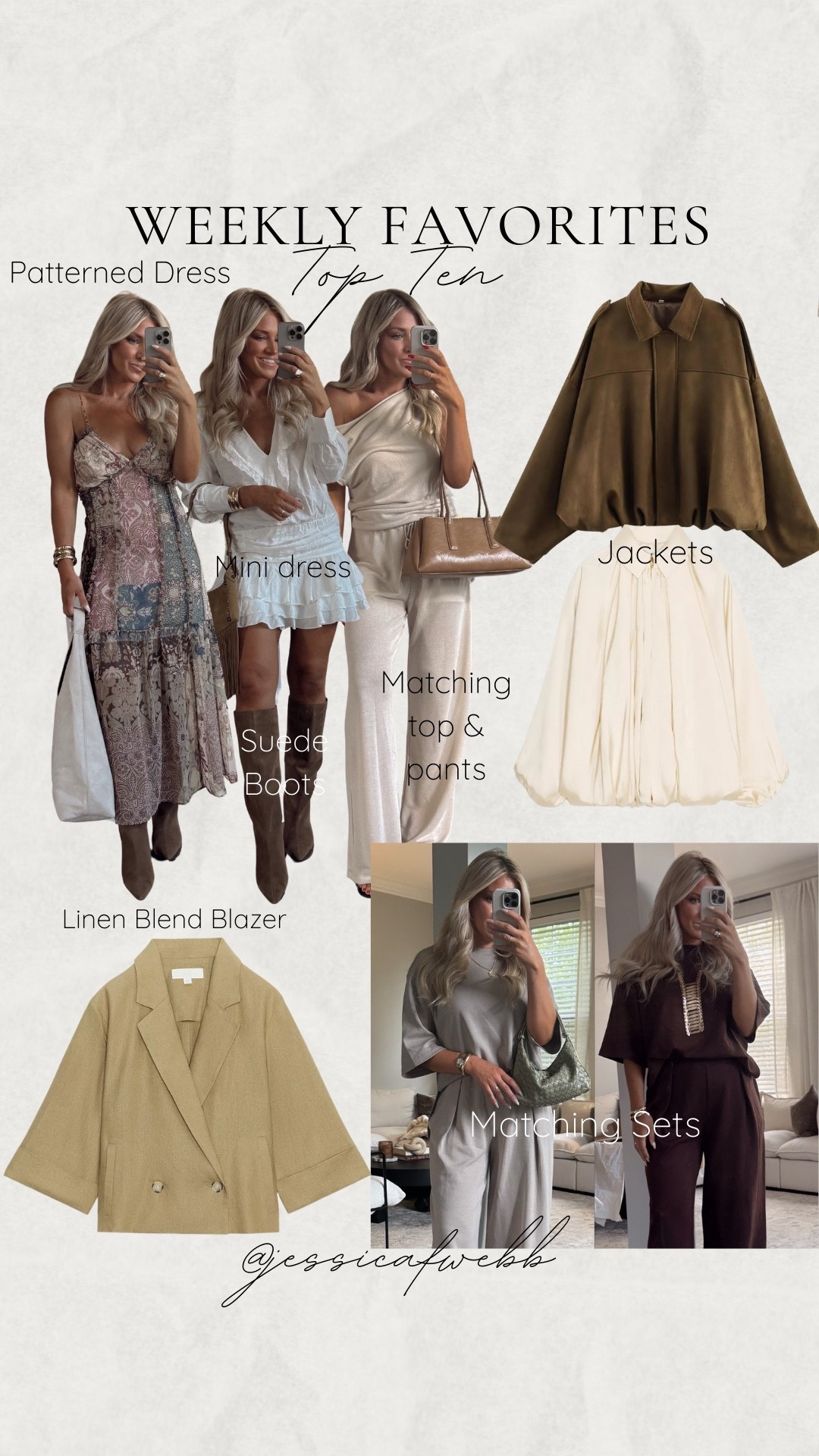 This weeks top sellers- SO many good pieces!! 
1. Amazon jacket
2. Chocolate pants from matching set
3. Cream colored matching set top 
4. Zara cream colored bubble jacket
5. Linen blend blazer
6. Ruffled white mini dress
7. Cream knit pants (matching set)
8. Patterned midi dress
9. Suede Boots
10. Chocolate brown top (matching set) 
Let me know if you grabbed any of these!

#LTKSeasonal #LTKStyleTip #LTKFindsUnder100
