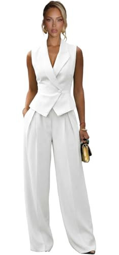 Women 2 Piece Outfits Sets White Slim Fit Suits for Women Beach Wedding V Neck Sleeveless Blazer Vest and Pant Sets Plus Size 3X-Large | Amazon (US)