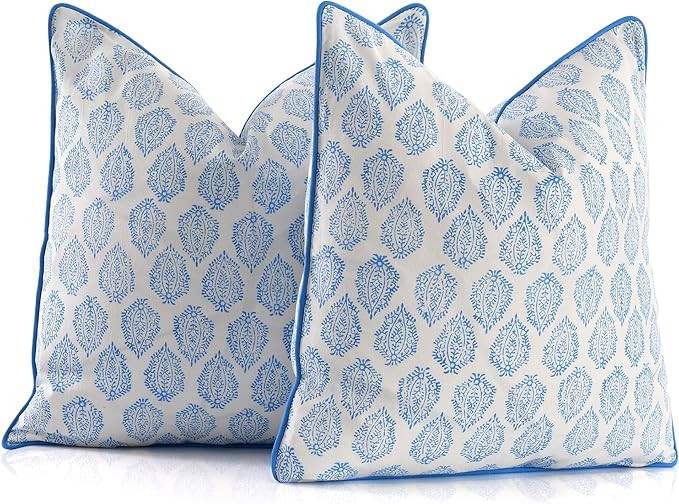 CPC Royal Blue Floral Printed Throw Square Cushion Covers - 20x20 Inch 100% Cotton Washable Decor... | Amazon (US)