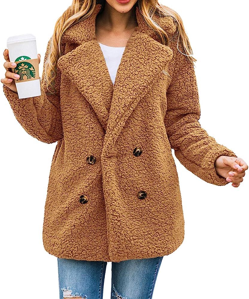 Women's Fashion Long Sleeve Lapel Zip Up Faux Shearling Shaggy Oversized Coat Jacket with Pockets... | Amazon (US)