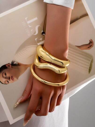 3pcs Gold Chunky Bangle Set, Women's Waterproof Bracelet Set, Basic Stacking Bangles | SHEIN ... | SHEIN