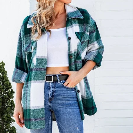 Wjhwsx Checkered Jacket for Women Overall Button Down Winter Trendy Womens Flannel Shacket Women Lon | Walmart (US)