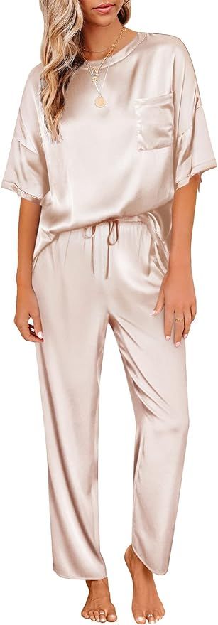 Ekouaer Womens Satin Silky Pajama Set Short Sleeve Shirt with Long Pajama Pant Set ... | Amazon (US)