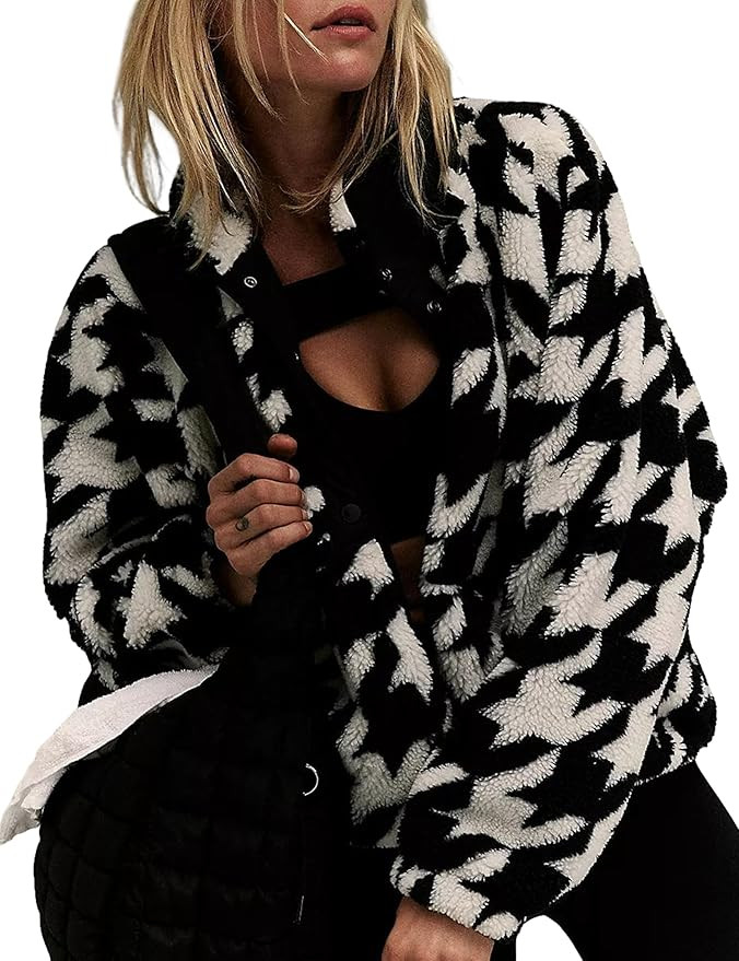 Printed Sherpa Jacket for Women Long Sleeve Button Down Fuzzy Fleece Coat Y2K Outerwear with Pock... | Amazon (US)