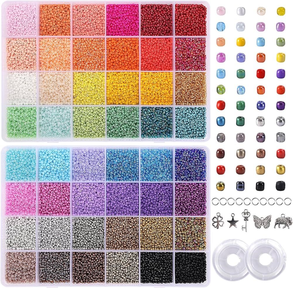 QUEFE 44000pcs 2mm 12/0 Glass Seed Beads for Bracelet Making Kit, 48 Colors Small Beads, Craft Be... | Amazon (US)