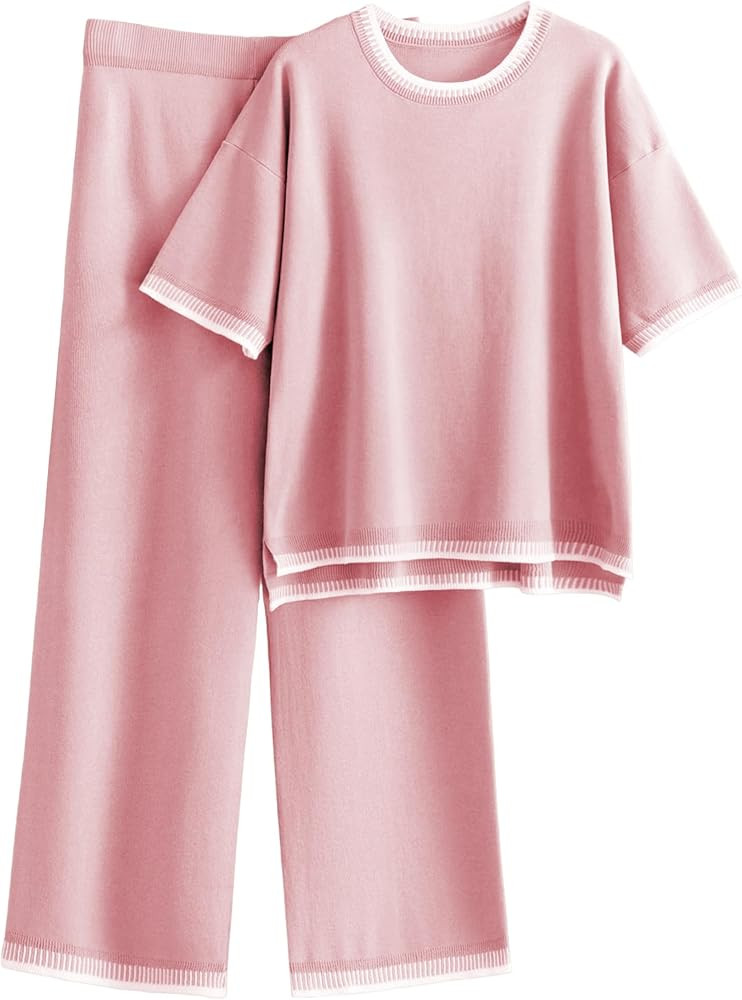 Tanming Womens Lounge Sets 2 Piece Outfits Short Sleeve Knitted Tops Wide Leg Pants Sweater Sets | Amazon (US)