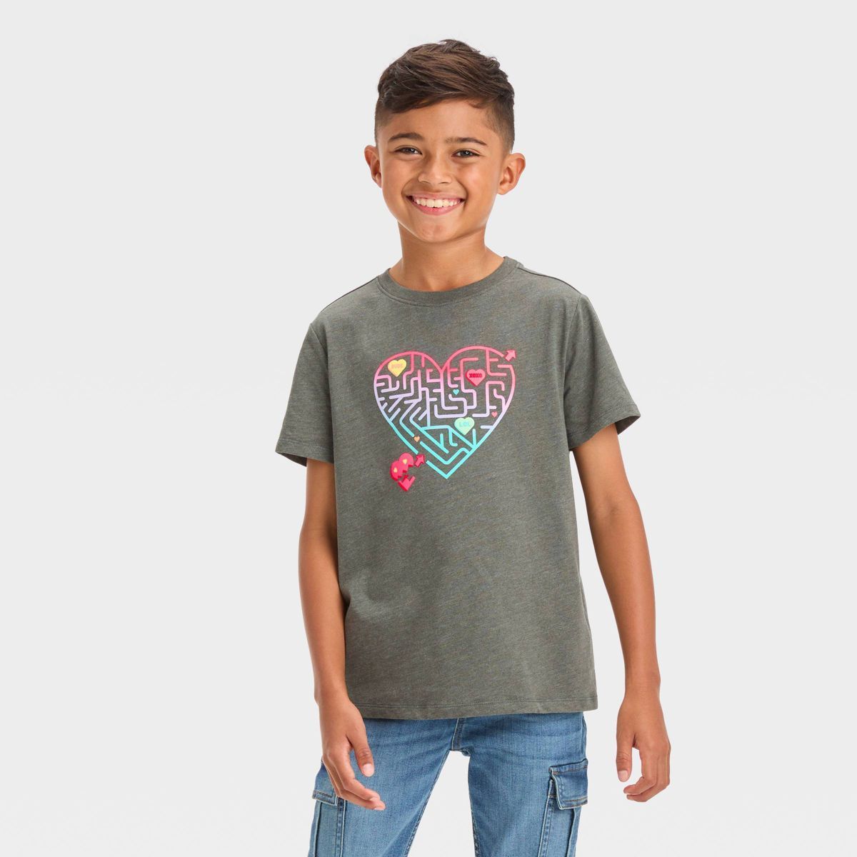 Boys' Short Sleeve Valentine's Day Heart Maze Graphic T-Shirt - Cat & Jack™ Charcoal Gray | Target