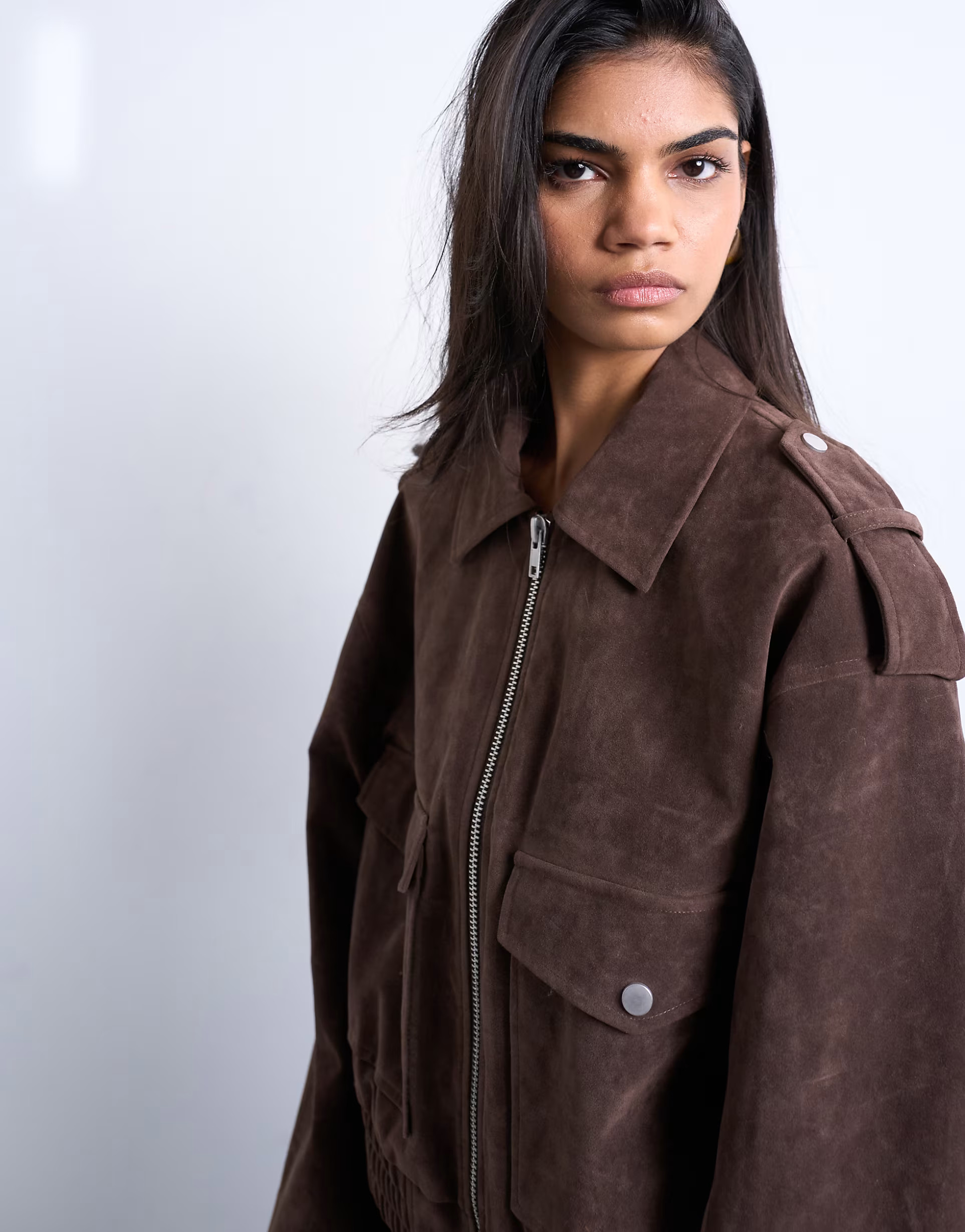 Topshop faux suede bomber jacket with popper details in chocolate | ASOS (Global)