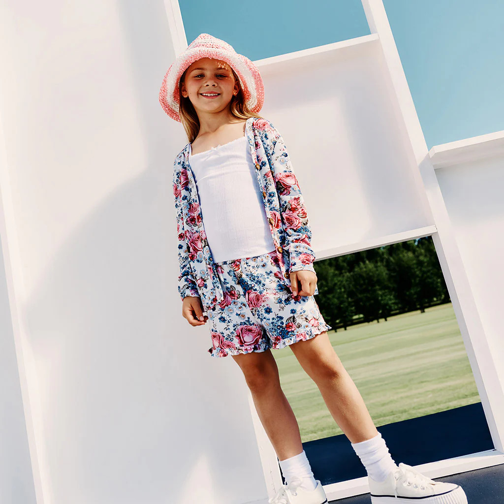 Floral Blue Girls Ruffled Long Sleeve Pullover | Mimi | Posh Peanut