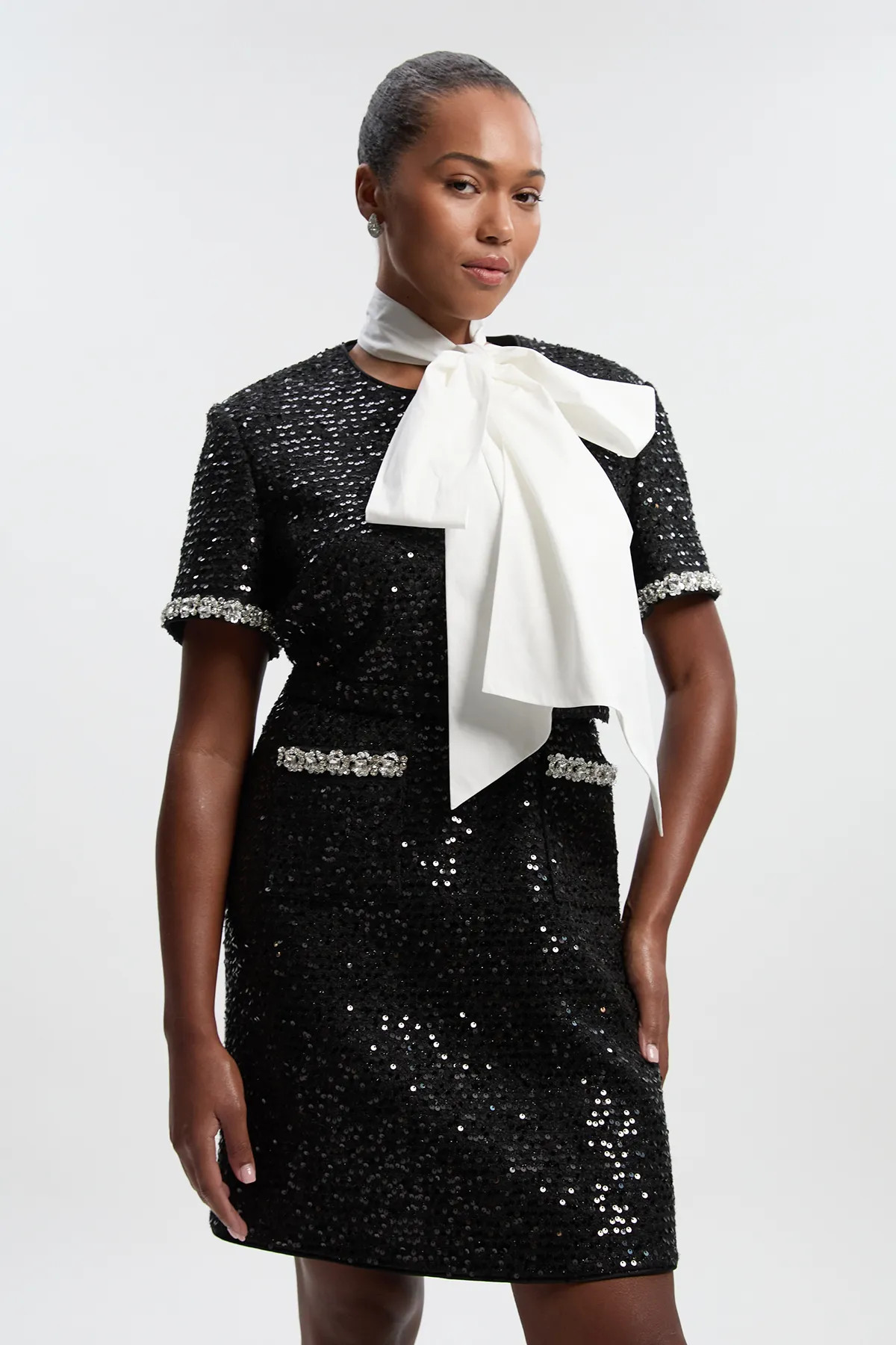 Plus Size Tailored Sequin Tweed Tie Bow Neck Embellished Mini Dress | Karen Millen UK + IE + DE + NL