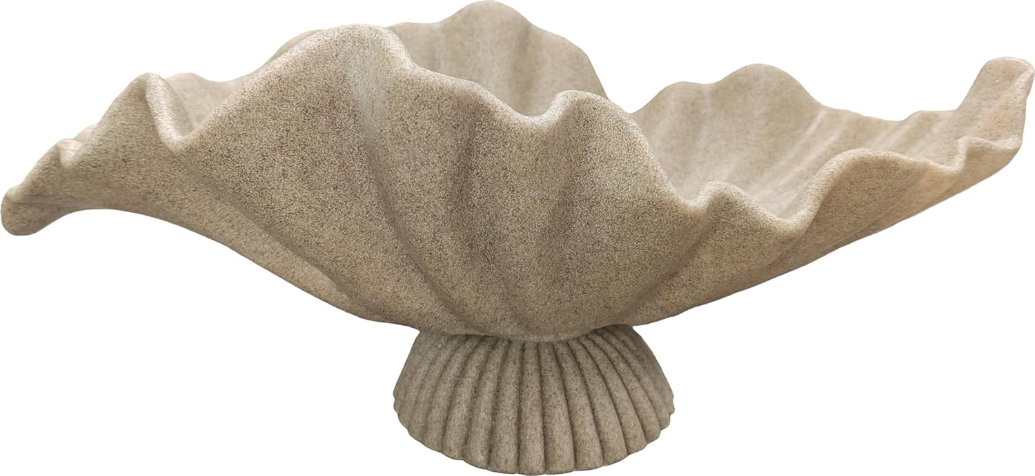 16" Large Decorative Bowl decor , Modern Home Decoration Scallop Bowl,Fashion Key Bowl for Entrance Table, Decorative Fruit Bowl for Kitchen Counter, Ruffle Decor, With Base, Artificial Stone Beige | Amazon (US)