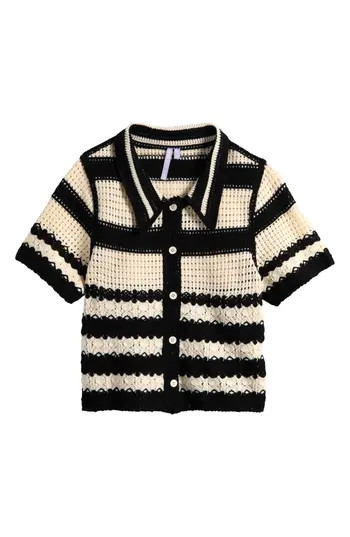 Good Luck Girl Kids' Stripe Open Stitch Knit Button-Up Top in Ivory Black at Nordstrom Rack, Size M (10-12) | Nordstrom Rack
