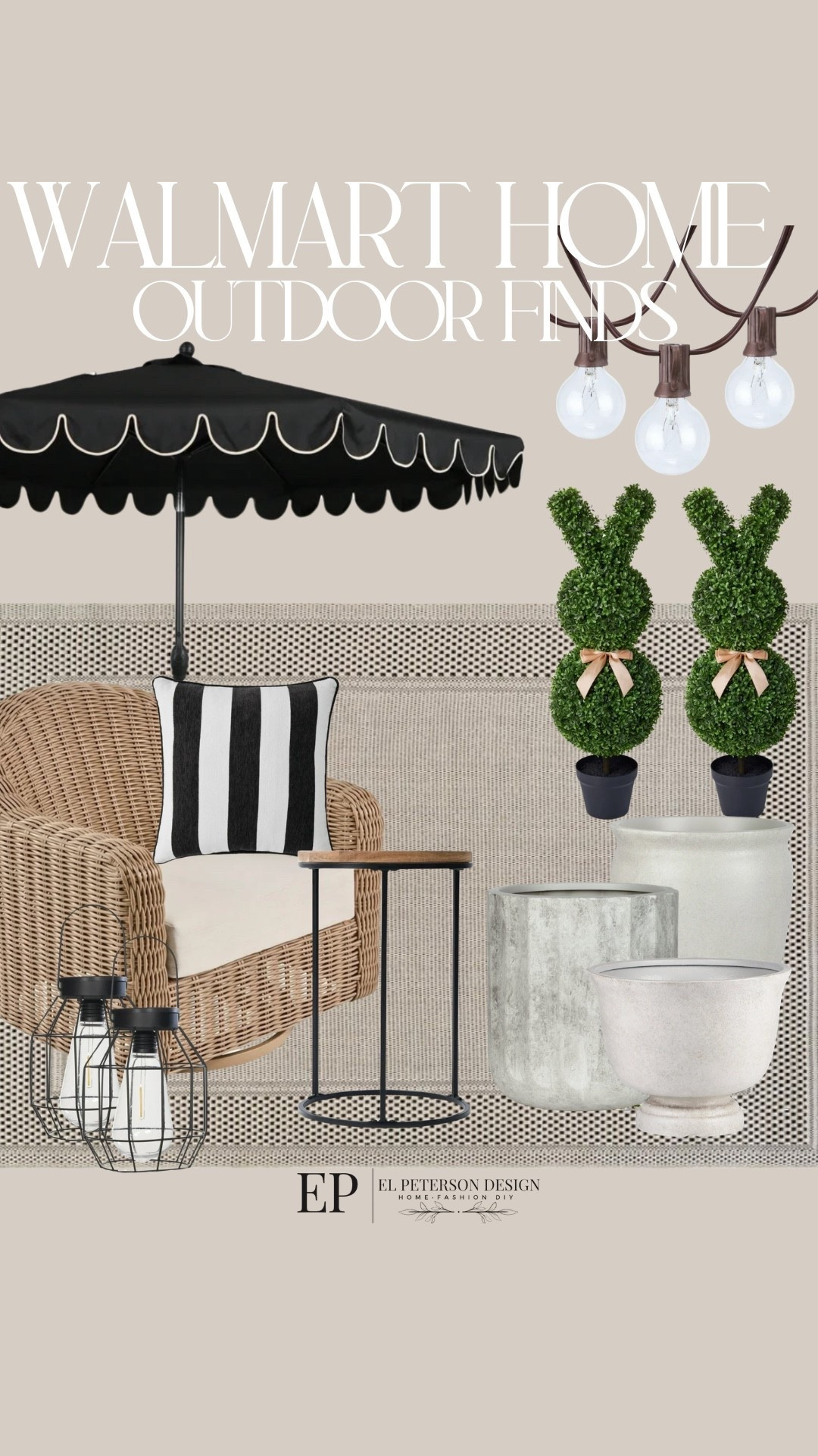 Walmart Outdoor
Outdoor umbrella
Outdoor chair
Area rug
Planters
Topiary 
Accent Table
Lantern
String lights
Pillow 

#LTKHome