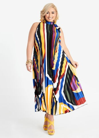 Swirl Satin Halter Swing Dress | Ashley Stewart