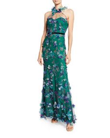 Printed Tulle Illusion Halter Gown with 3D Flower Degrade | Bergdorf Goodman