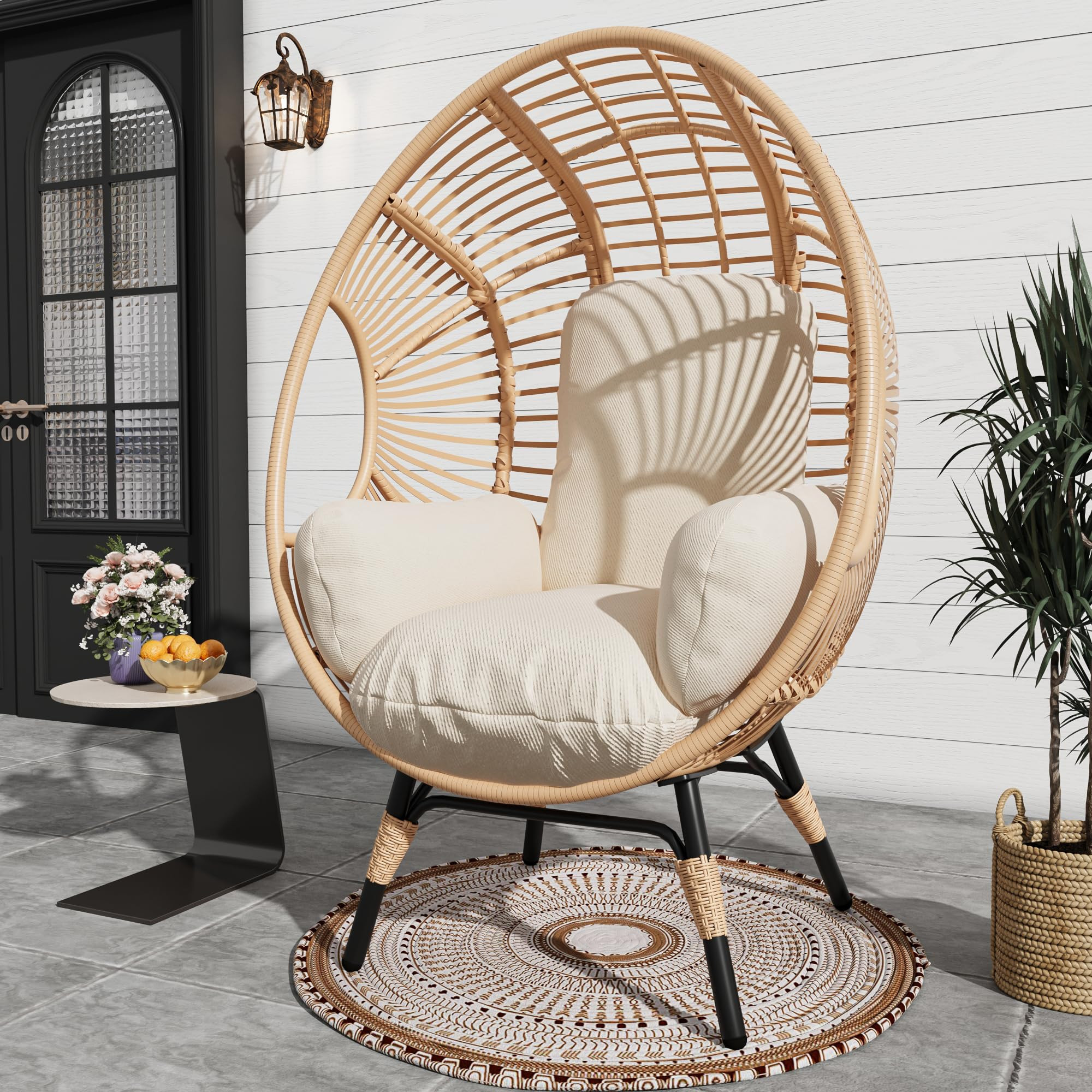Outdoor Egg Chair Wicker Oversized Egg Basket Chair with Stand Lounger Chairs with Cushion 500lbs... | Amazon (US)
