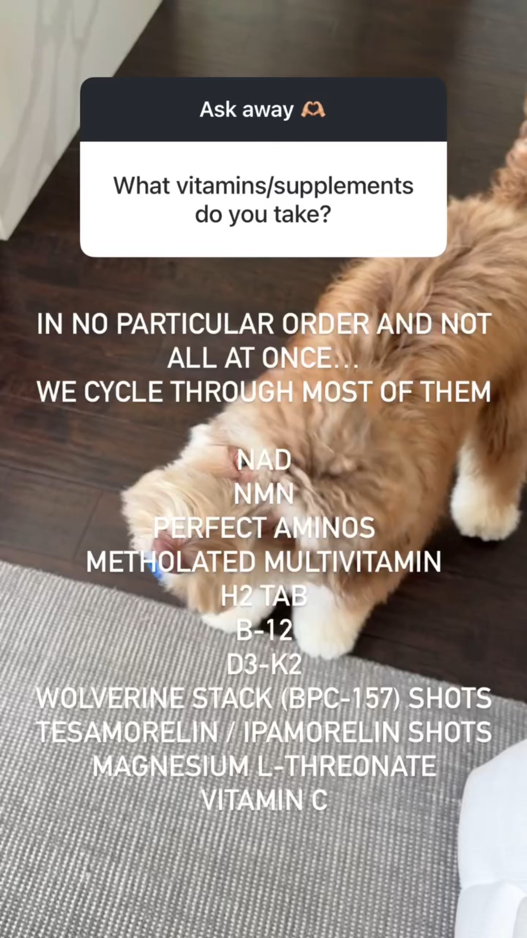 Exact vitamins and supplements.  
The peptides are purchased somewhere else. 