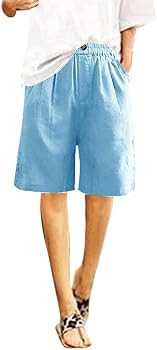 Womens Bermuda Shorts Knee Length Wide Leg Linen Long Shorts with Pockets Summer Casual Elastic H... | Amazon (US)