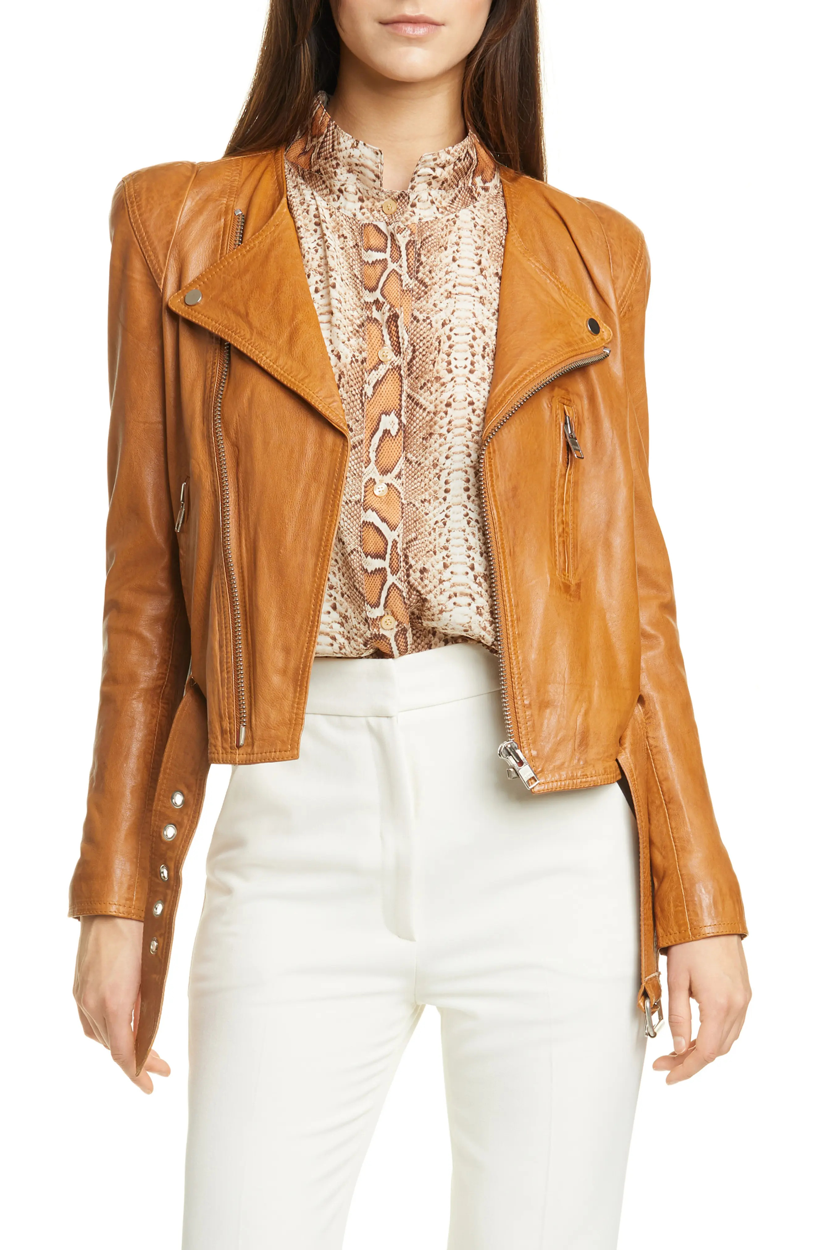 Women's Smythe Pagoda Leather Moto Jacket, Size 2 - Brown | Nordstrom