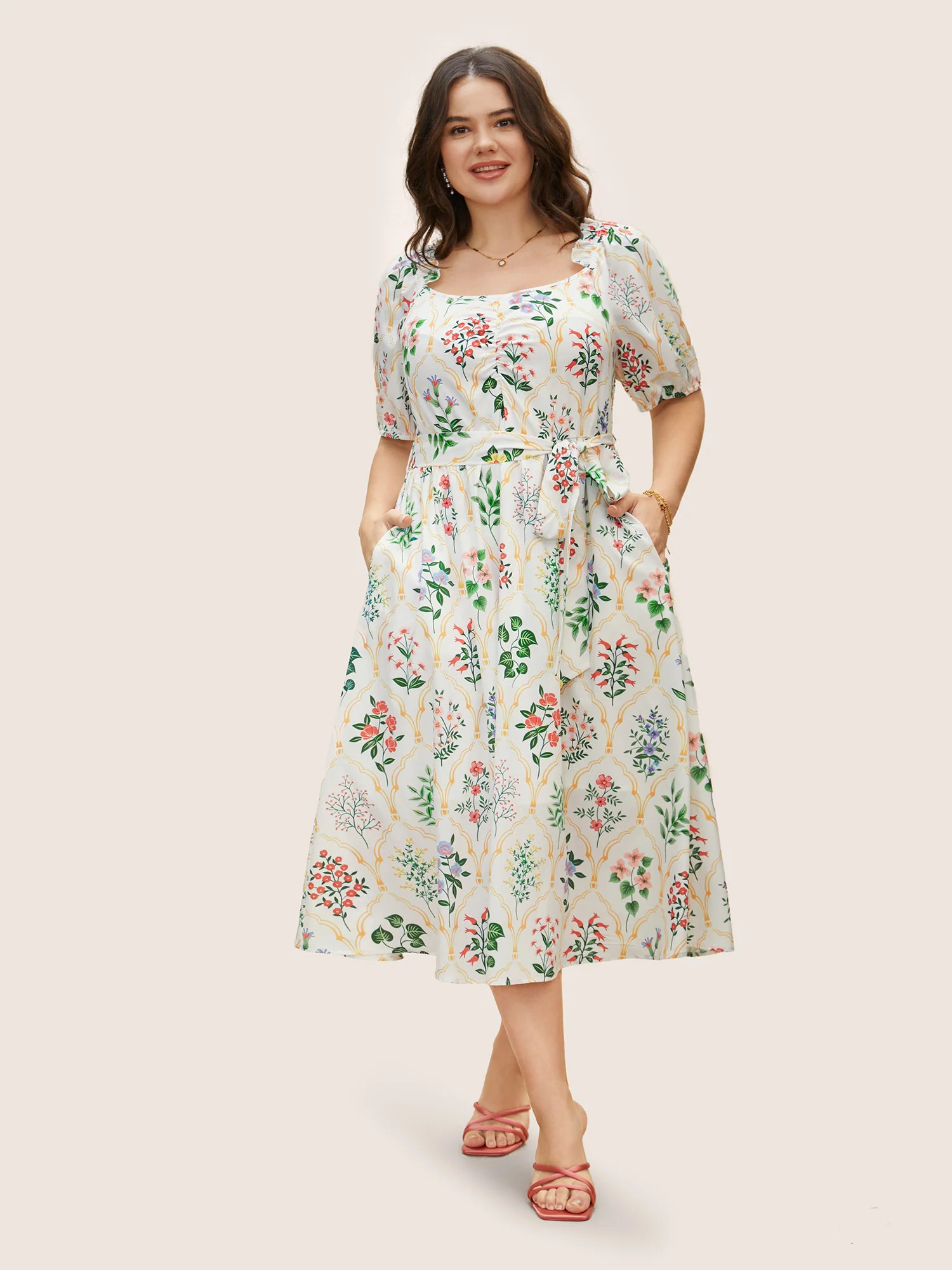 Square Neck Floral Frill Trim Gathered Dress | Bloomchic