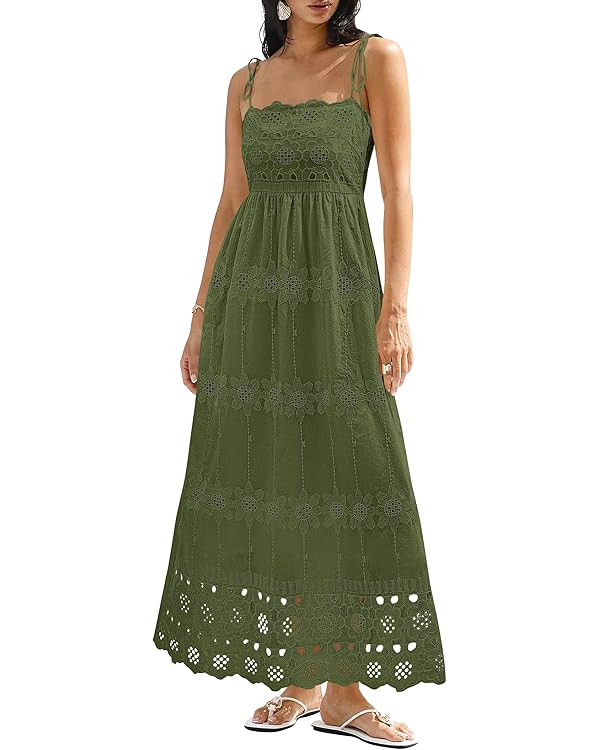 Womens Summer Maxi Dresses 2026 Casual Spaghetti Strap Smocked Eyelet Cotton Dress Long Beach Vac... | Amazon (US)