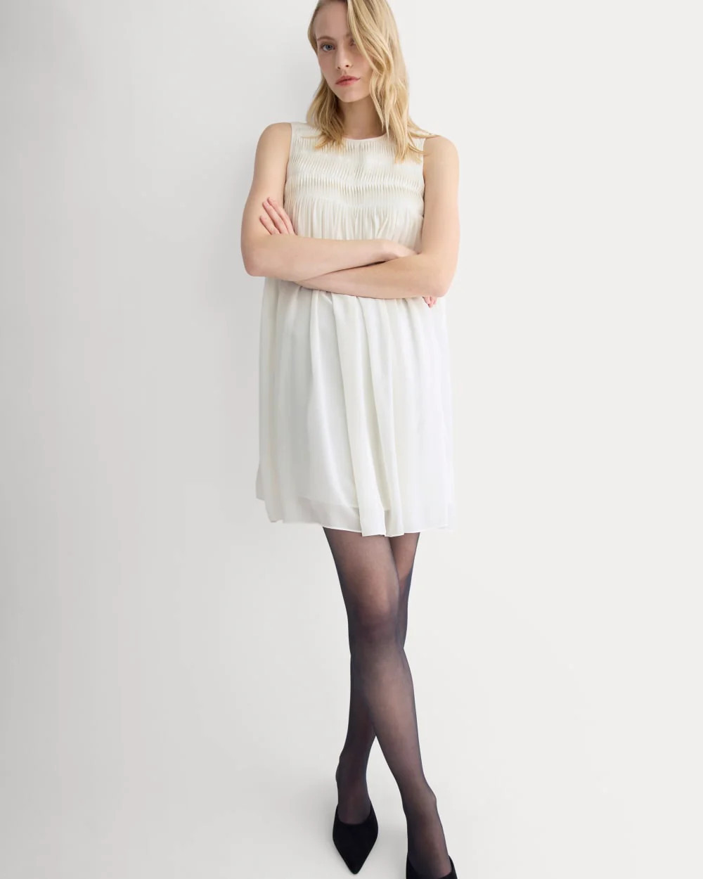 Twisted Pleated Mini Dress in Silk Georgette | Bone | Everlane