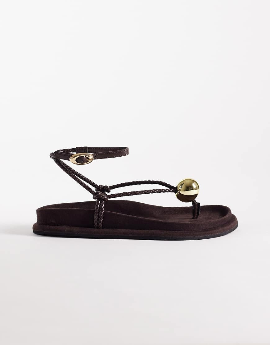 ASOS DESIGN Filippa braided flip flop sandals with ball detail in chocolate suedette-Brown | ASOS (Global)