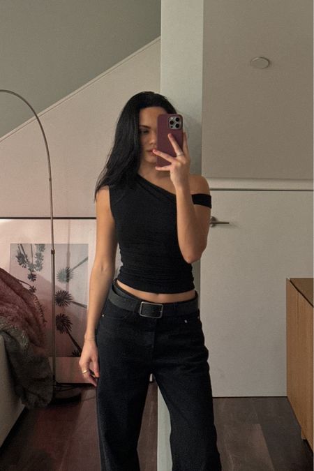 Princess Polly black one shoulder top, GRLFRND black denim jeans, revolve b low the belt black belt 

#LTKstyletip #LTKfindsunder100 #LTKSpringSale