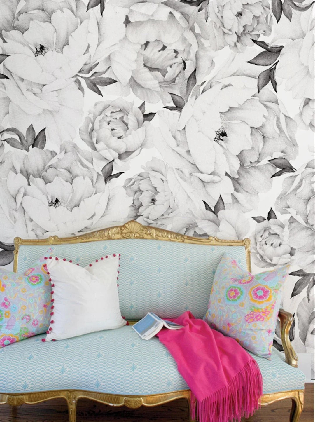 Peony Flower Mural Wallpaper, Black and White, Watercolor Peony Extra Large Wall Art, Peel and St... | Etsy (CAD)