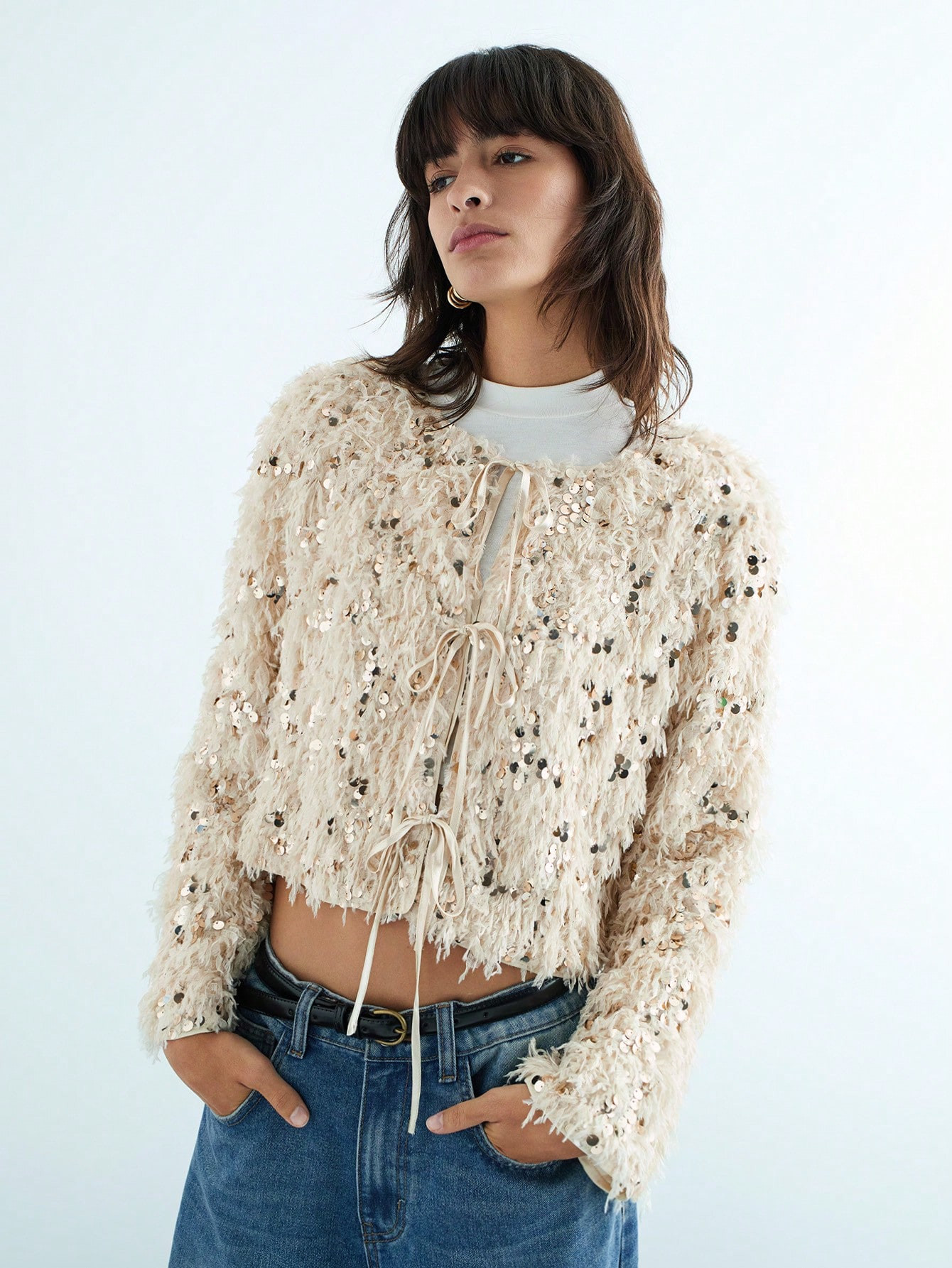 Maija New Autumn/Winter Urban Chic Elegant Casual Fluffy Feather Gold Sequin Decorated Regular Wo... | SHEIN