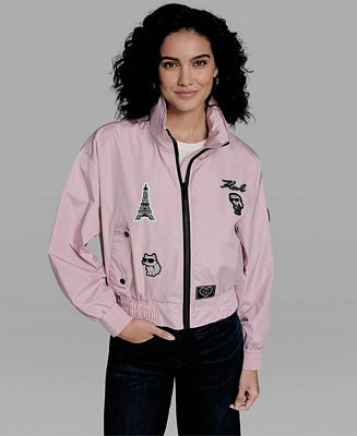 KARL LAGERFELD PARIS Women's Cropped Stand Collar Bomber Jacket - Macy's | Macy's